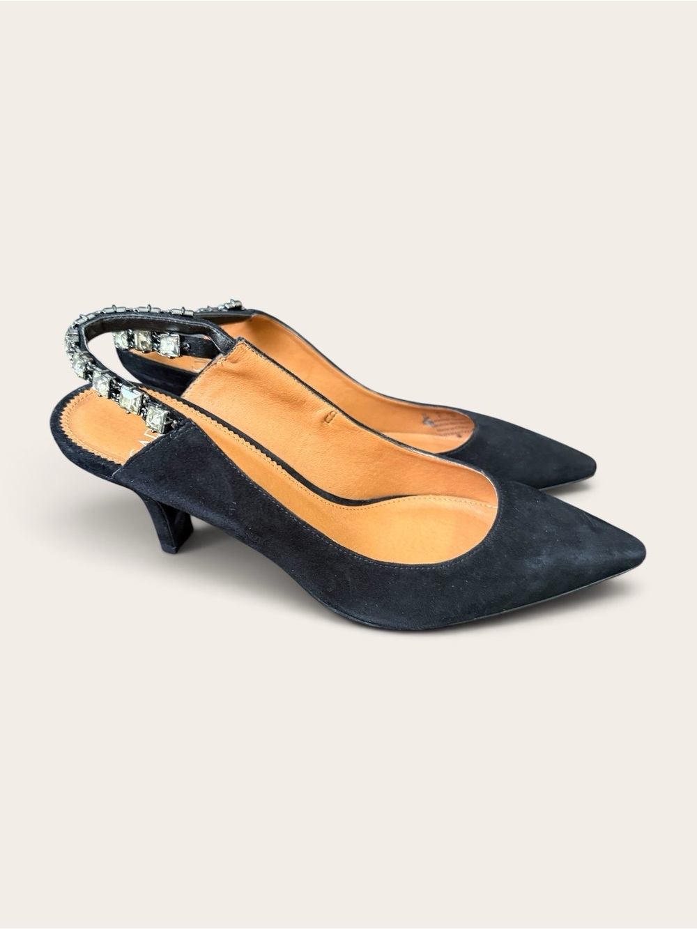 Franco Sarto NEW Size 8M Black Suede Slingback Heels with Embellished Strap